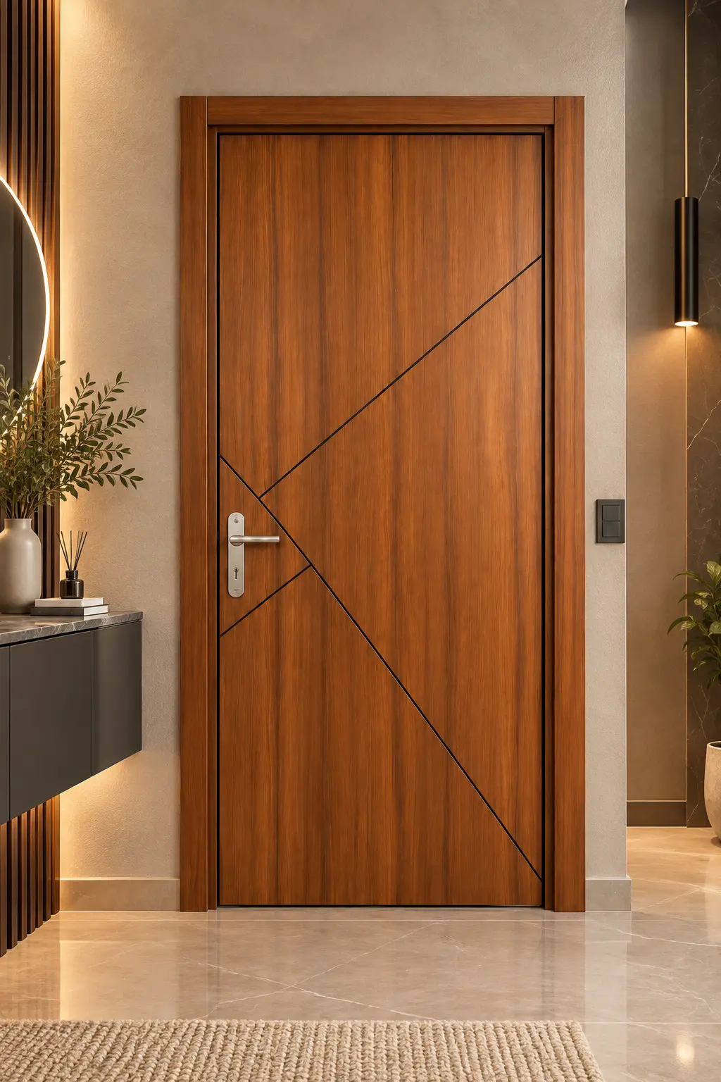 VERONI warm wood door with geometric black inlay and silver handle