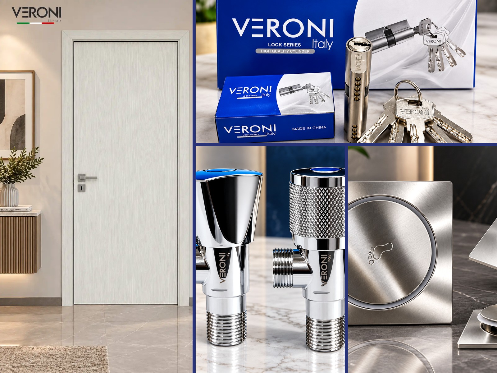 Collage of original VERONI Italy doors, locks, angle valves and floor drains