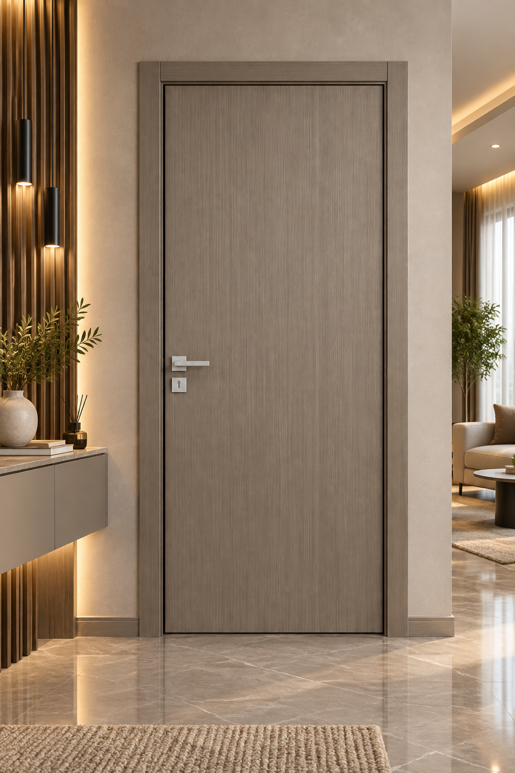 VERONI taupe wood-grain door with silver handle