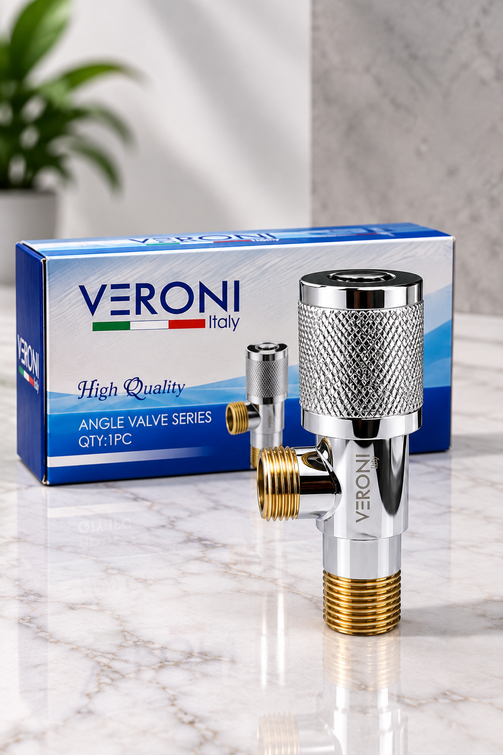 Original VERONI Italy knurled chrome angle valve and packaging