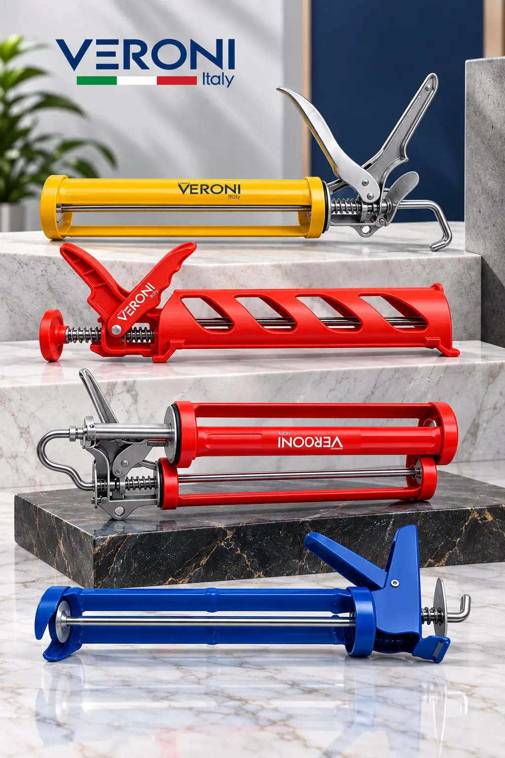 Original VERONI Italy sealant guns in yellow, red and blue
